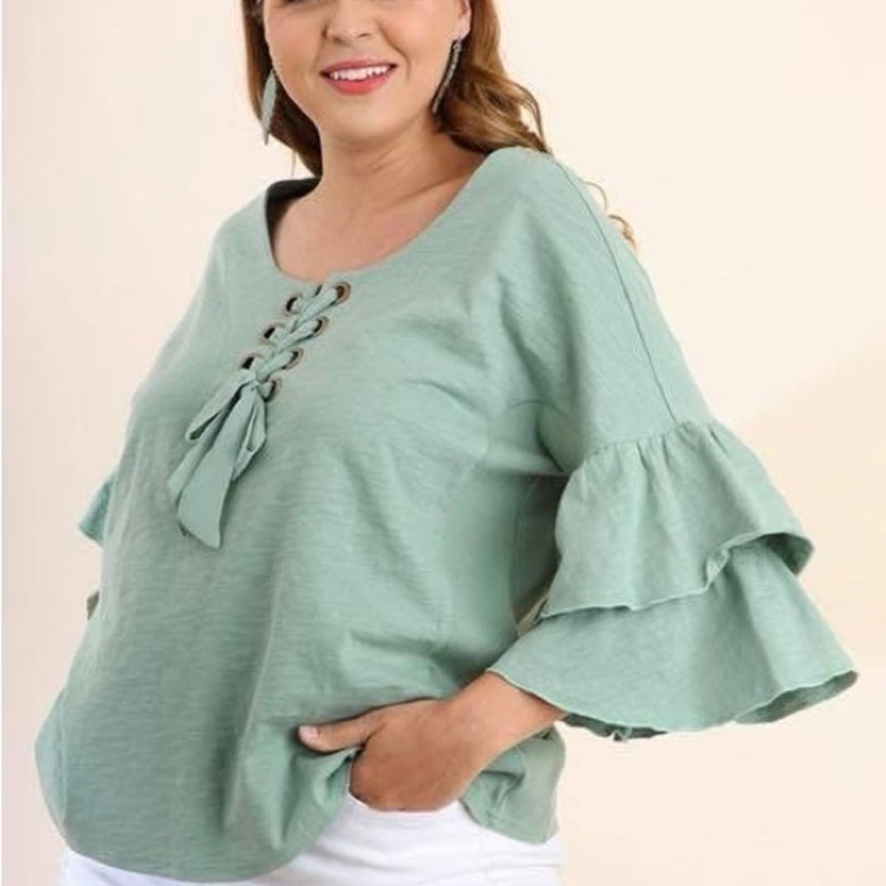 Green Bell Sleeve Tie Front Blouse